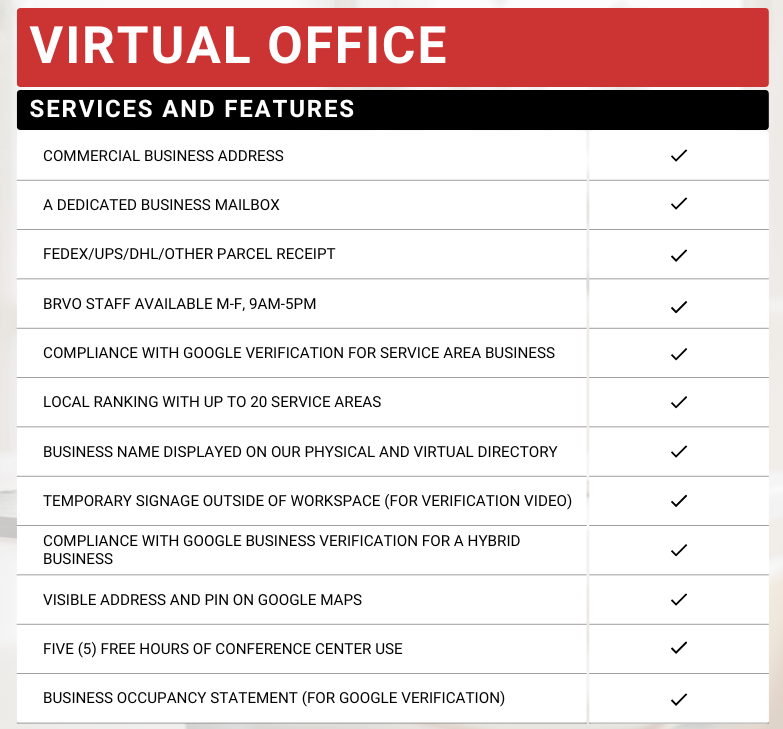 VO Features virtual office sarasota, business mailbox, google verification, hybrid business